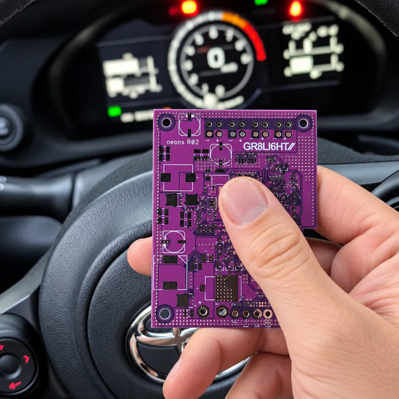 Prototyp fialové desky plošných spojů GR8LI6HT neons R02 v ruce před volantem Toyoty